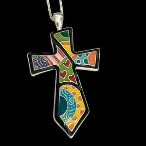 Vintage Colorful Pop Art Enamel Cross Pendant Necklace